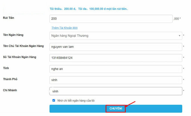 Điền các thông tin rút tiền vào form rút